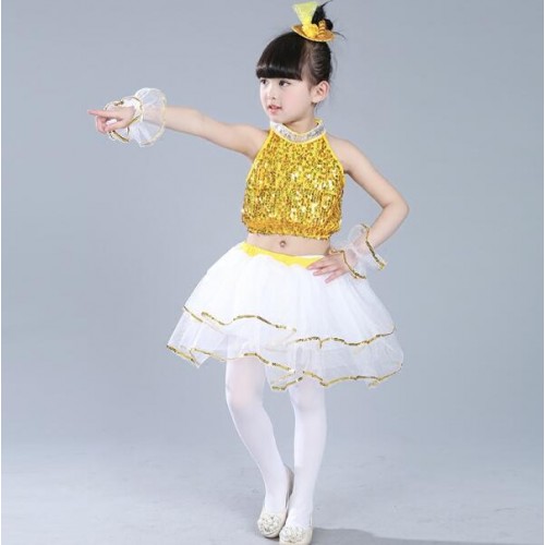 Gold yellow sequined modern dance singers girl's kids children school competition performance jazz princess hip-hop chorus dance dresses